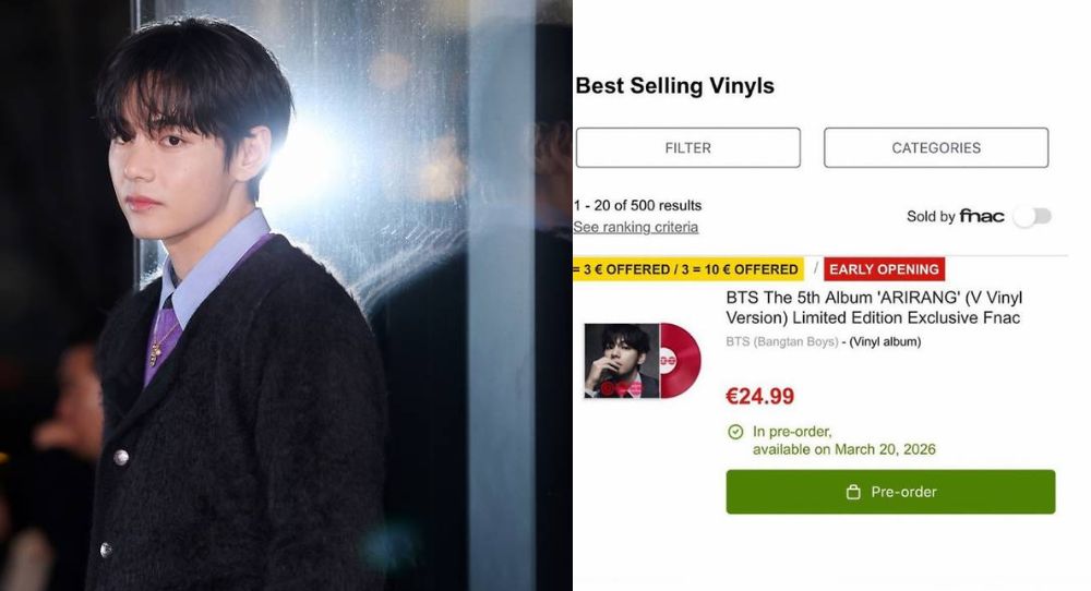 Image for BTS’s V tops France’s Fnac with his ARIRANG VELVET RED LP as his member version keeps dominating global pre orders